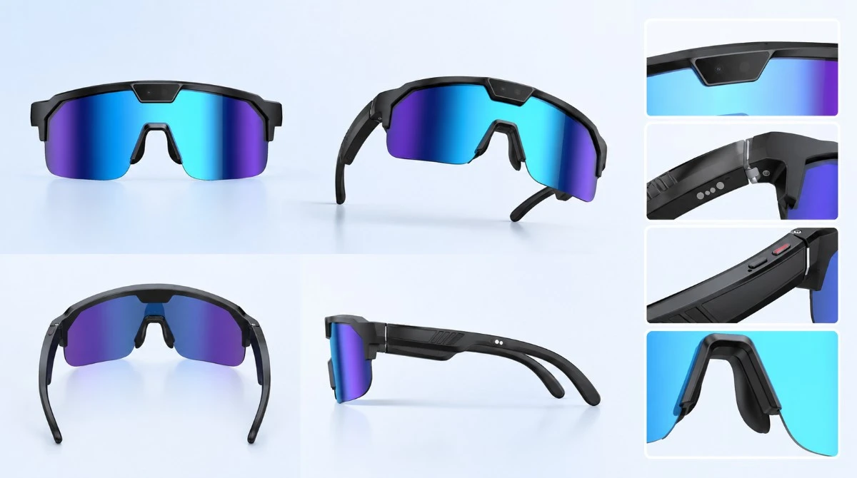 Close-up of Q01 glasses frame material and magnetic charging contacts Close-up of Q01 glasses frame material and magnetic charging contacts
