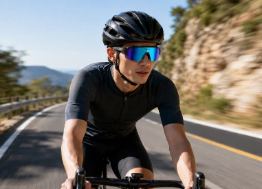 Cyclist wearing Q01 AI sports camera glasses while riding outdoors Cyclist wearing Q01 AI sports camera glasses while riding outdoors