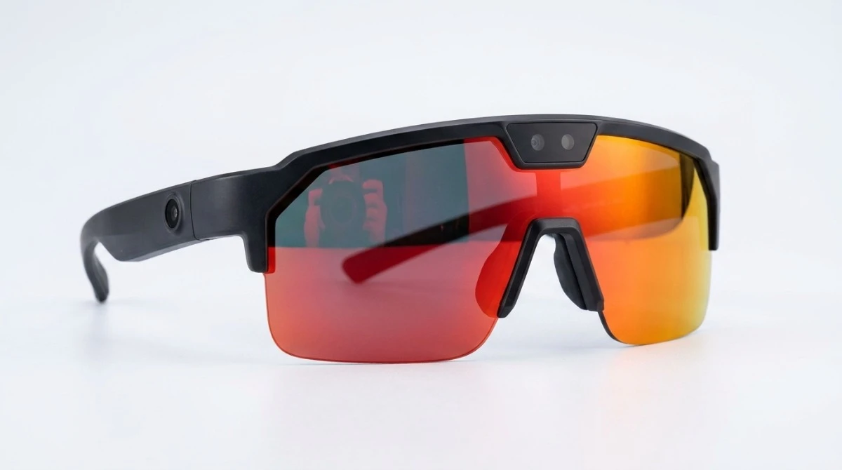 AI sports camera glasses Q01 with red mirrored lens on white background AI sports camera glasses Q01 with red mirrored lens on white background