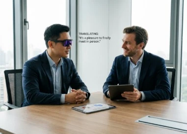 Business professional using Q01 smart glasses for real-time translation in a meeting Business professional using Q01 smart glasses for real-time translation in a meeting